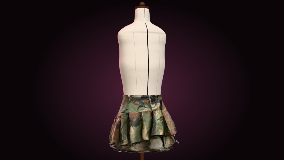 Camo pleated mini skirt on the 3D dress form