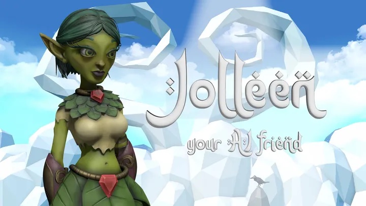 Jolleen, a green elf, in a sky of low-poly clouds